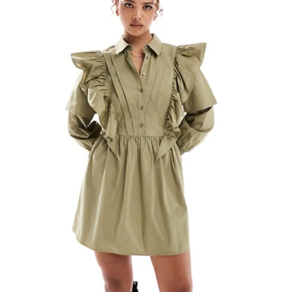 Khaki Mini Ruffled Shirt Dress with Puff Sleeves